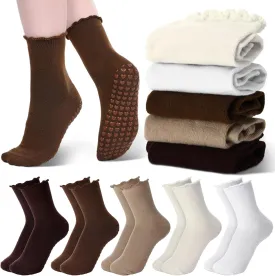 10 Pairs Pilates Socks with Grips for Women Cute Yoga Non Slip Ruffle Ballet Turn Cuff Crew Frilly Athletic Socks for Fitness Workout Casual 5 Colors