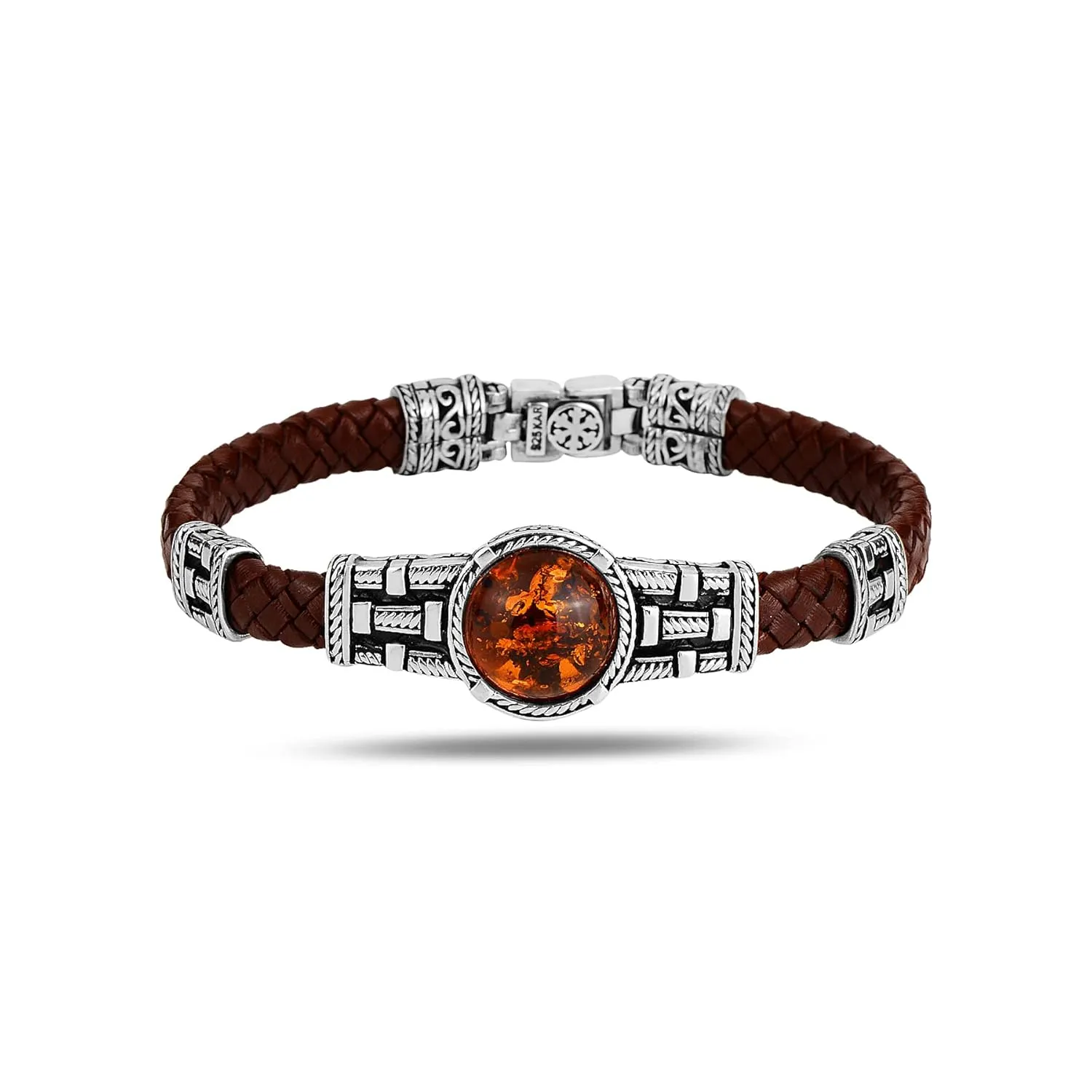 Amber Mens Leather Bracelet, Silver Handmade Bracelet, Red Leather Bracelet, Greek Style Bracelet, 925k Silver Bracelet, Gift For Him