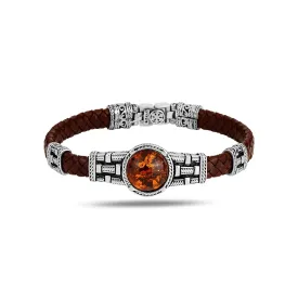 Amber Mens Leather Bracelet, Silver Handmade Bracelet, Red Leather Bracelet, Greek Style Bracelet, 925k Silver Bracelet, Gift For Him