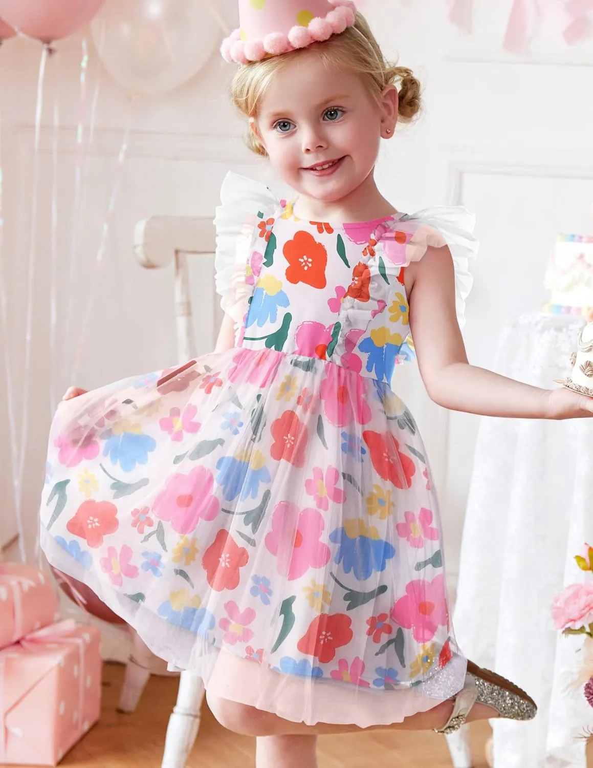 Arshiner Toddler Dress Summer Ruffle Sleeve V-Back Tie Waist Flower Girl Dresses Wedding Tulle Outfit 2-8Y