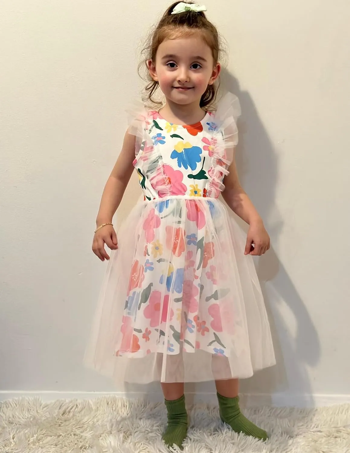 Arshiner Toddler Dress Summer Ruffle Sleeve V-Back Tie Waist Flower Girl Dresses Wedding Tulle Outfit 2-8Y