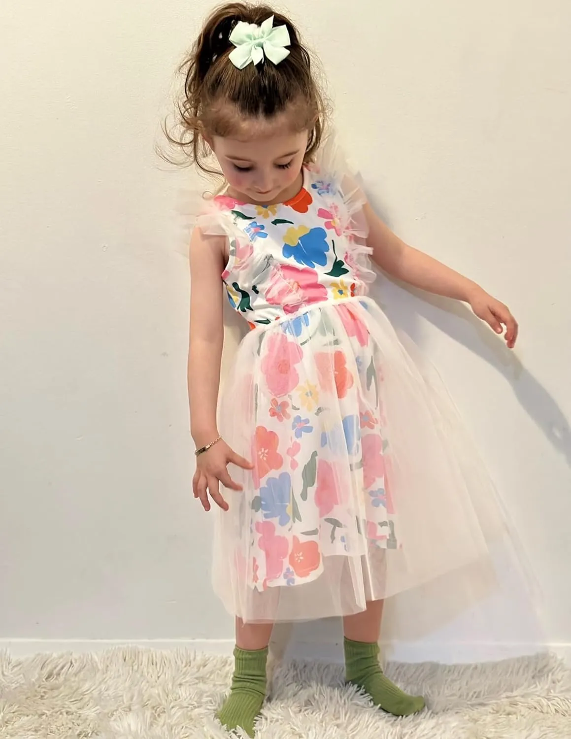 Arshiner Toddler Dress Summer Ruffle Sleeve V-Back Tie Waist Flower Girl Dresses Wedding Tulle Outfit 2-8Y
