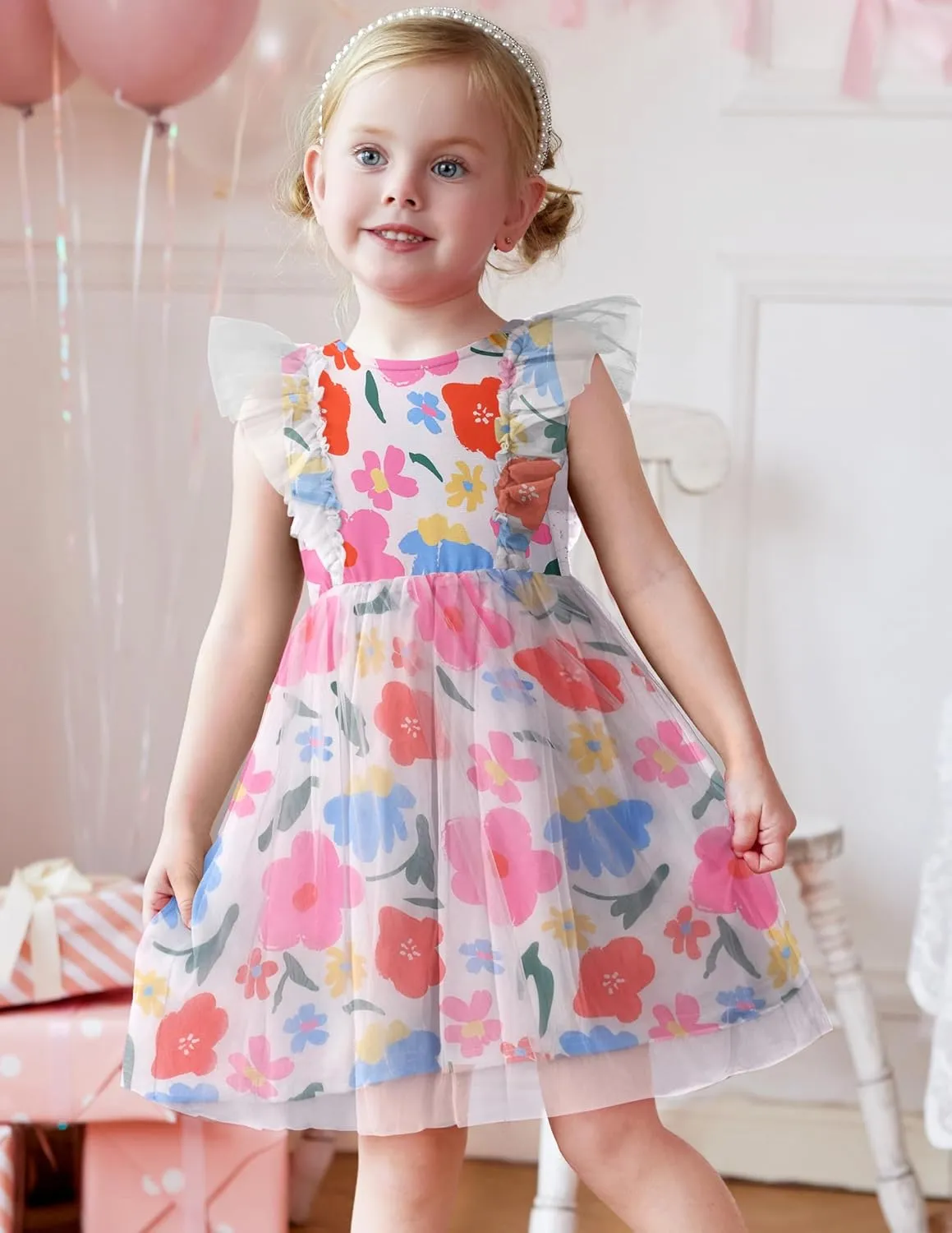 Arshiner Toddler Dress Summer Ruffle Sleeve V-Back Tie Waist Flower Girl Dresses Wedding Tulle Outfit 2-8Y