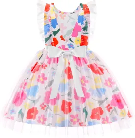 Arshiner Toddler Dress Summer Ruffle Sleeve V-Back Tie Waist Flower Girl Dresses Wedding Tulle Outfit 2-8Y