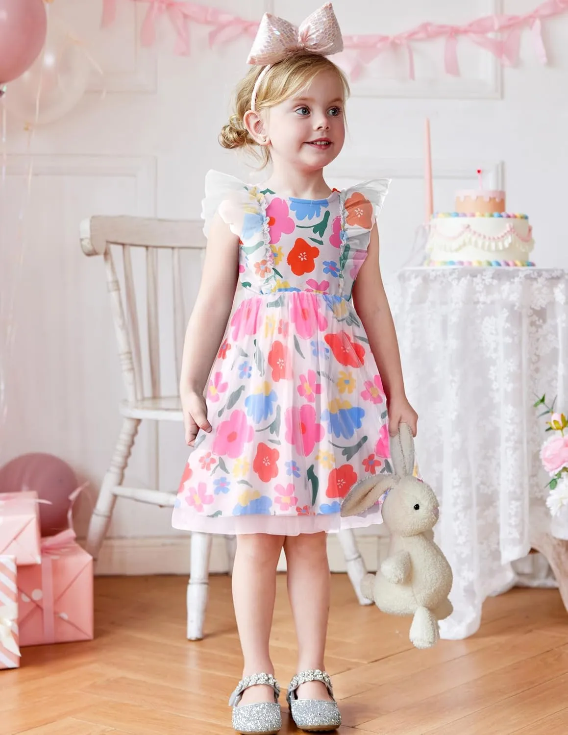 Arshiner Toddler Dress Summer Ruffle Sleeve V-Back Tie Waist Flower Girl Dresses Wedding Tulle Outfit 2-8Y
