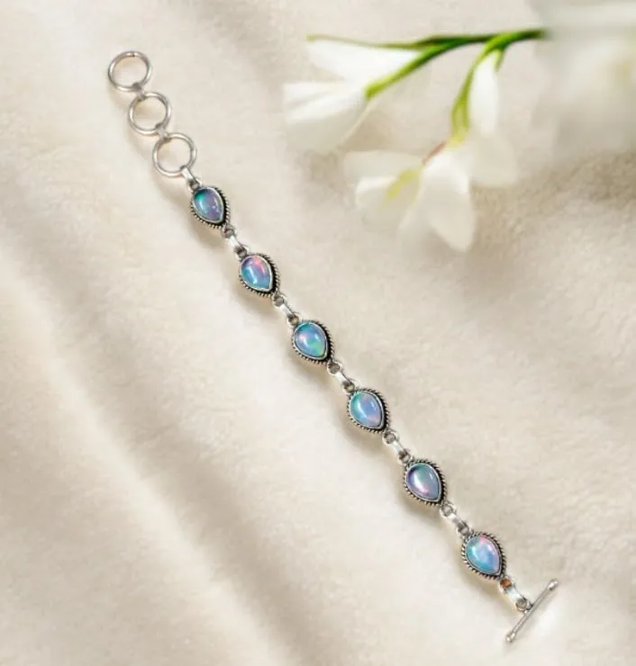 Aurora Opal Stone Bracelet, Silver overlay Pear Shape 7x10 MM Natural Gemstones Bracelet, Handmade Link Bracelet Jewelry Women's Day Gift For Mom Wife Sister Her (Aurora Opal)