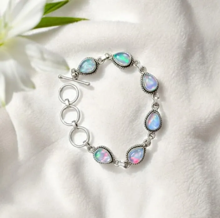 Aurora Opal Stone Bracelet, Silver overlay Pear Shape 7x10 MM Natural Gemstones Bracelet, Handmade Link Bracelet Jewelry Women's Day Gift For Mom Wife Sister Her (Aurora Opal)