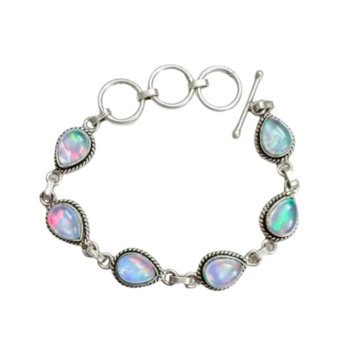 Aurora Opal Stone Bracelet, Silver overlay Pear Shape 7x10 MM Natural Gemstones Bracelet, Handmade Link Bracelet Jewelry Women's Day Gift For Mom Wife Sister Her (Aurora Opal)