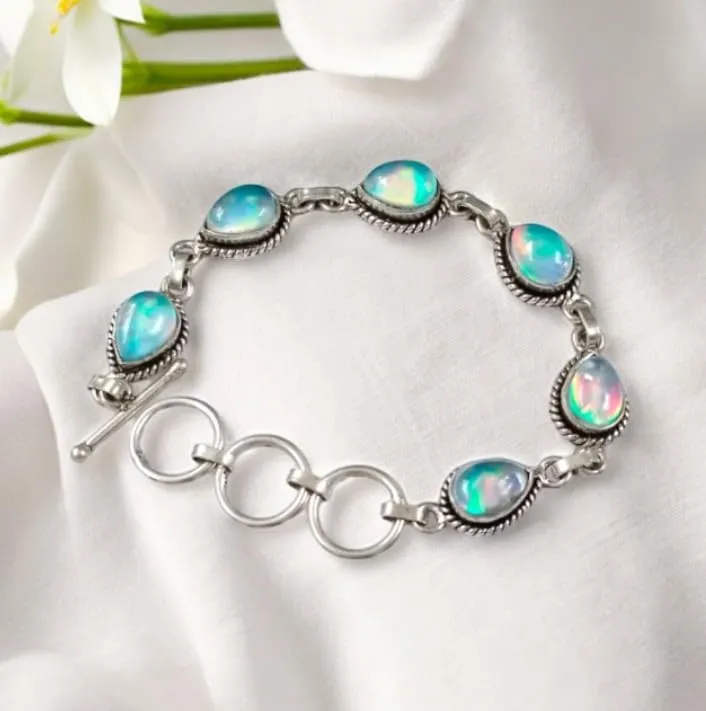 Aurora Opal Stone Bracelet, Silver overlay Pear Shape 7x10 MM Natural Gemstones Bracelet, Handmade Link Bracelet Jewelry Women's Day Gift For Mom Wife Sister Her (Aurora Opal)