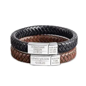 Baby Stats Bracelet For New Dad, Leather Bracelet For Dad With Kids' Name, First Father's Day Gift, Kid's Name And Birthday Leather Bracelet For Men