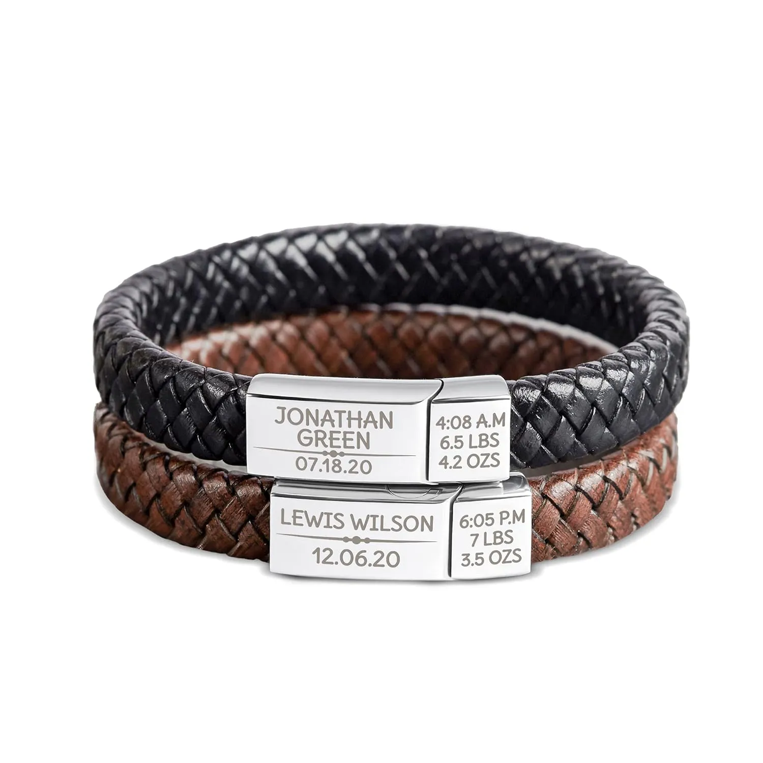 Baby Stats Bracelet For New Dad, Leather Bracelet For Dad With Kids' Name, First Father's Day Gift, Kid's Name And Birthday Leather Bracelet For Men