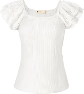 Belle Poque Women's Ruffle Sleeve Summer Tops Scoop Neck Ribbed Blouse Casual Shirt for Party Concert Going Out