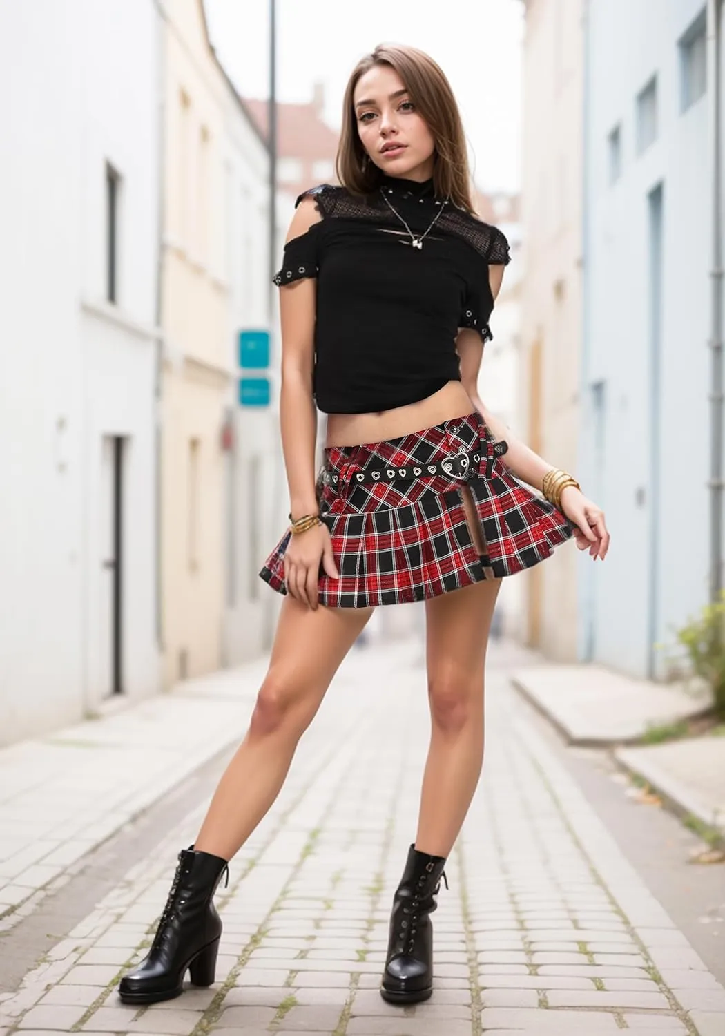C-ZOFEK Mini Plaid Slit Skirt Women's US Size Pleated Skirt Schoolgirl Uniform, Multicolour