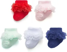 EPEIUS Baby-Girls Eyelet Turn Cuff Ruffle Lace Socks Triple Lace Dressy Socks Newborn/Infants/Toddlers 3/5 Pairs