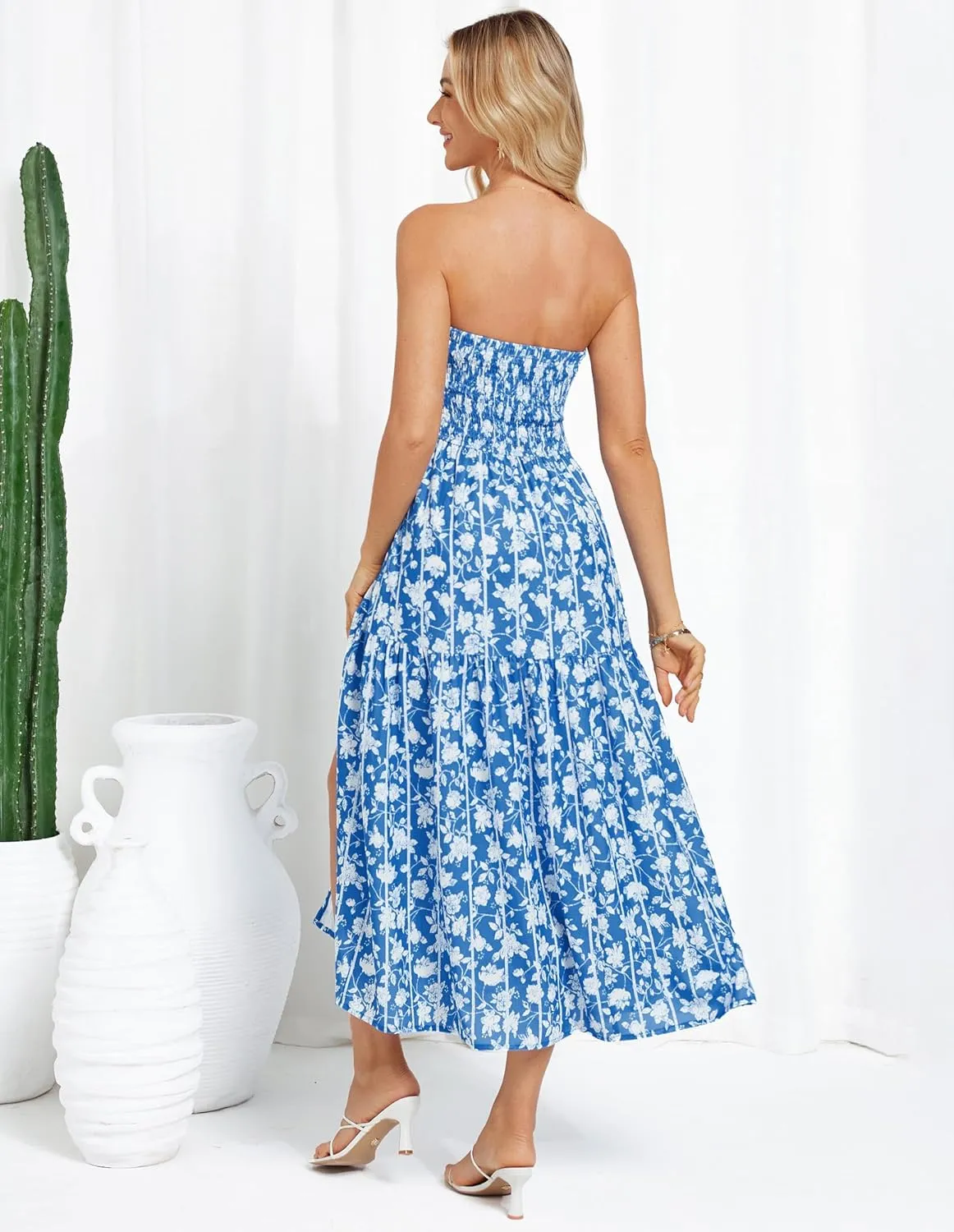 GRACE KARIN Women's Summer Strapless Dress Smocked Casual Beach Party Long Maxi Dresses with Pockets