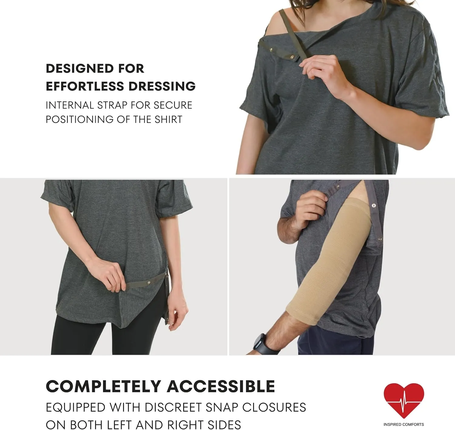 Inspired Comforts Unisex Post Surgery & Rehab Dual Access Crew Neck Snap Shirt