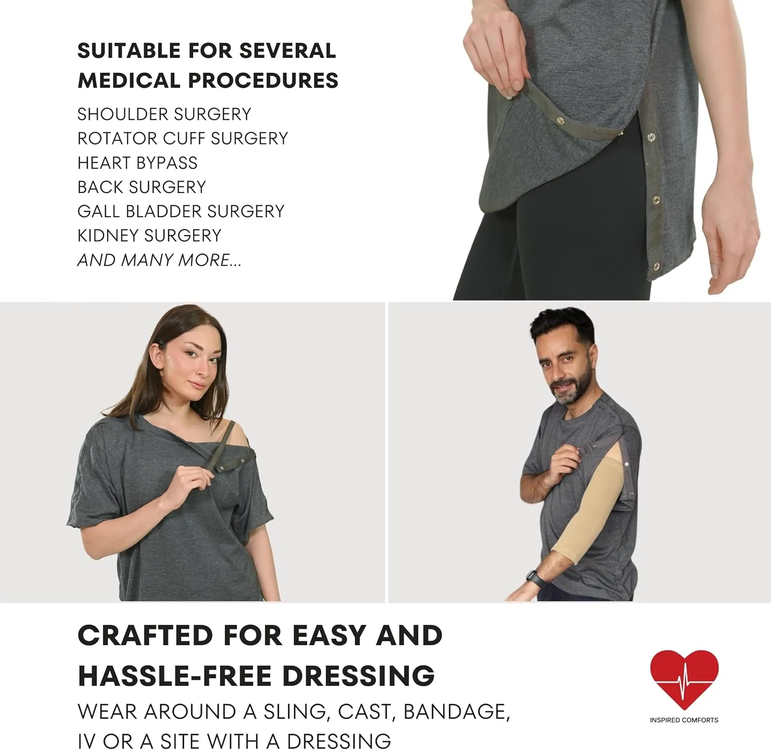 Inspired Comforts Unisex Post Surgery & Rehab Dual Access Crew Neck Snap Shirt