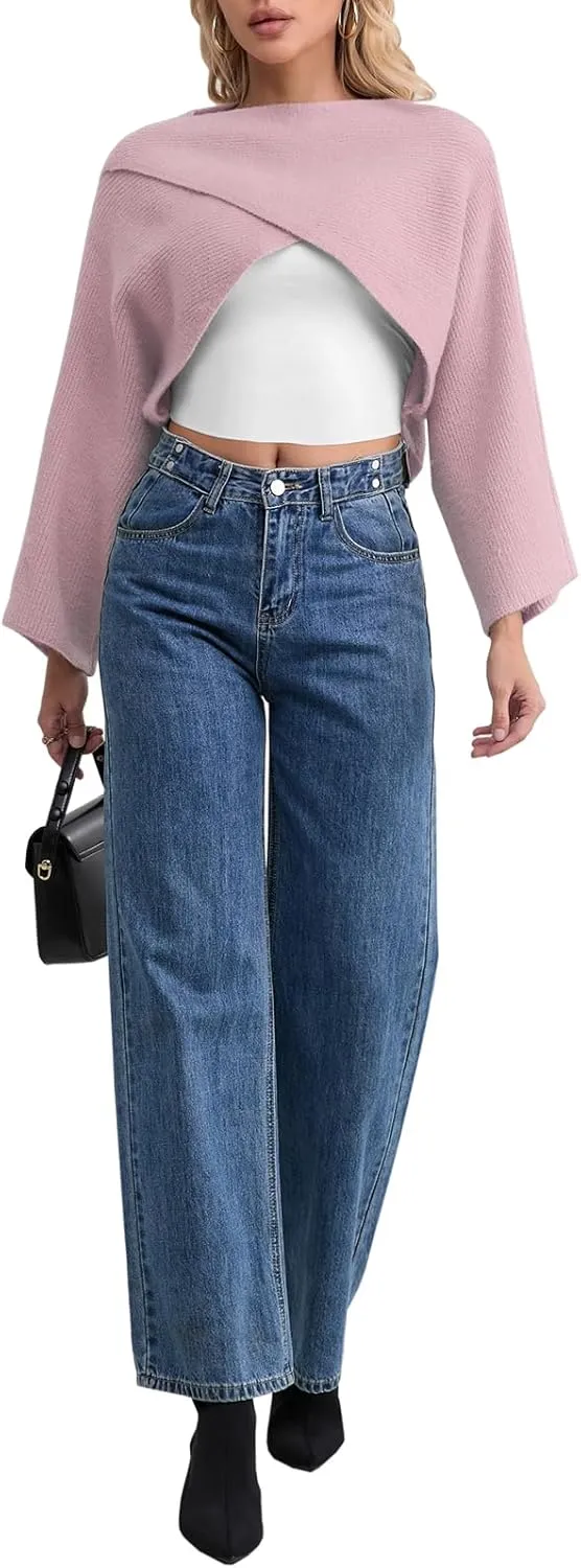 Joe Wenko Women's Boat Neck Sweater Long Sleeve Cross Wrap Asymmetrical Hem Cropped Pullover Jumper Tops
