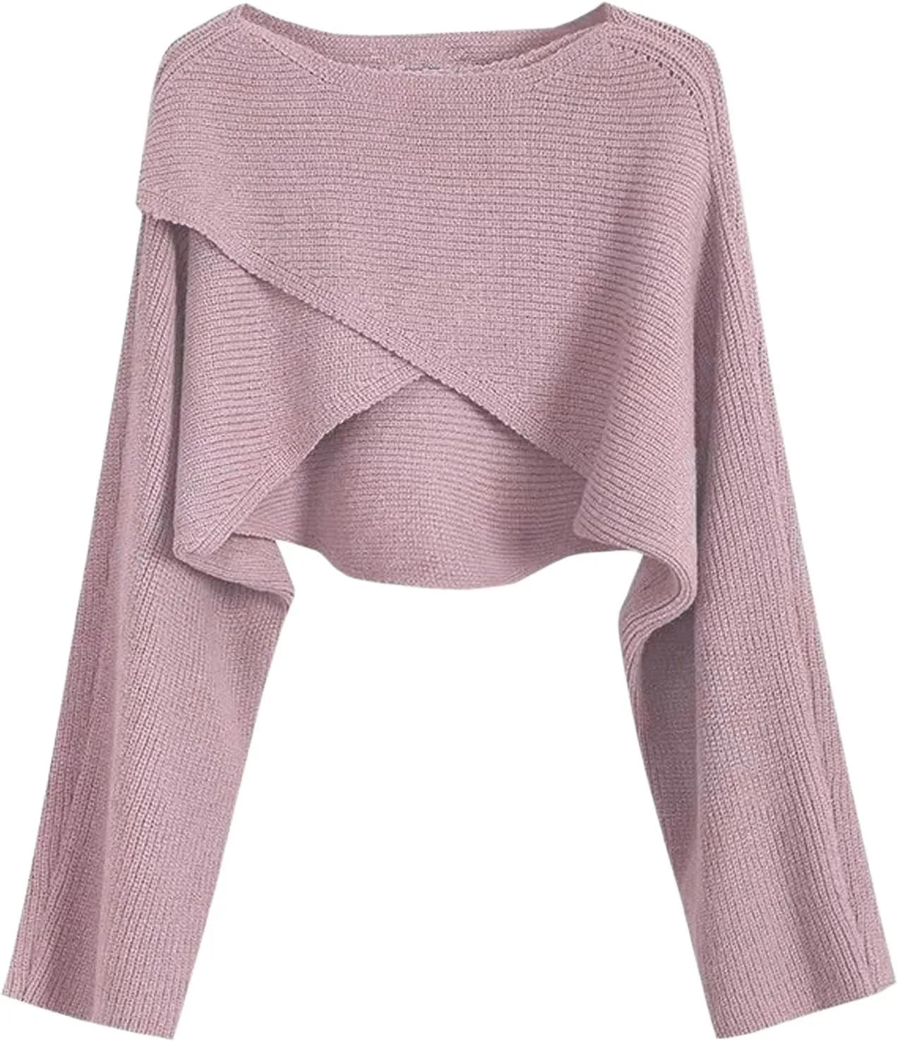 Joe Wenko Women's Boat Neck Sweater Long Sleeve Cross Wrap Asymmetrical Hem Cropped Pullover Jumper Tops