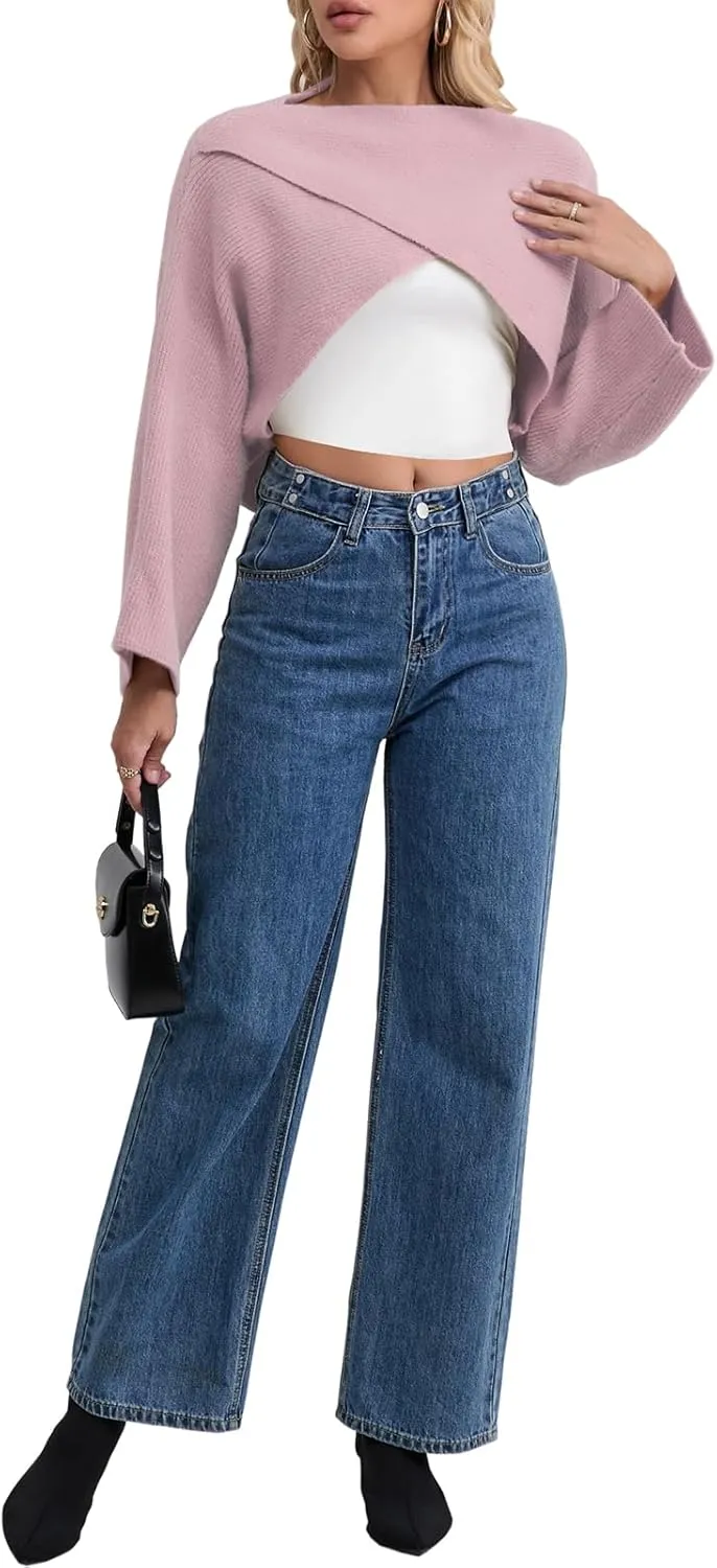 Joe Wenko Women's Boat Neck Sweater Long Sleeve Cross Wrap Asymmetrical Hem Cropped Pullover Jumper Tops