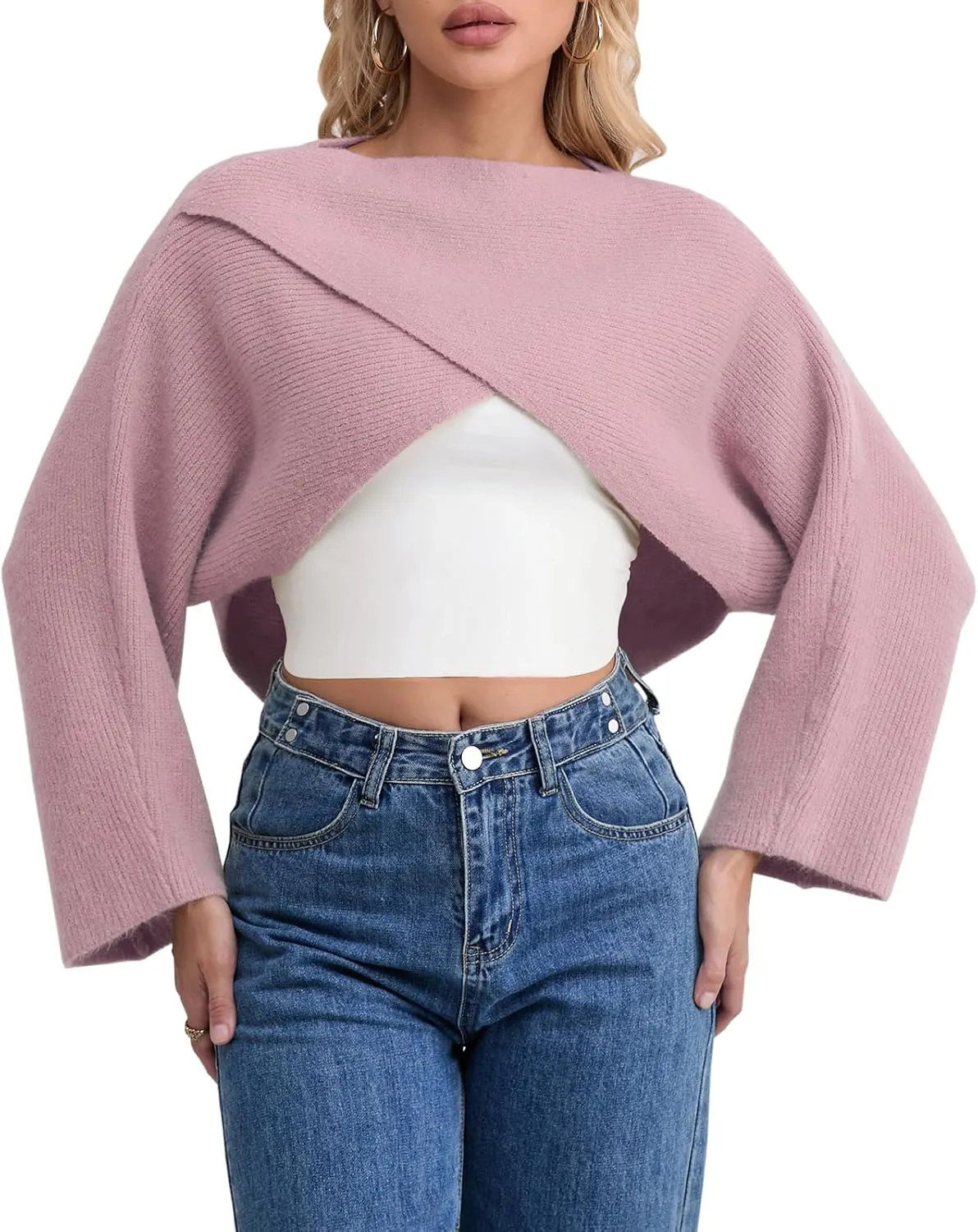 Joe Wenko Women's Boat Neck Sweater Long Sleeve Cross Wrap Asymmetrical Hem Cropped Pullover Jumper Tops