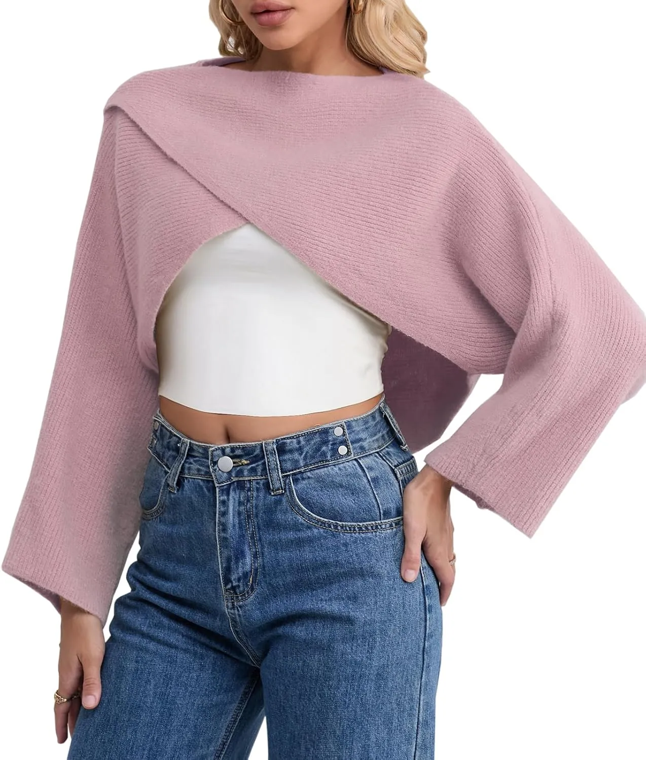 Joe Wenko Women's Boat Neck Sweater Long Sleeve Cross Wrap Asymmetrical Hem Cropped Pullover Jumper Tops