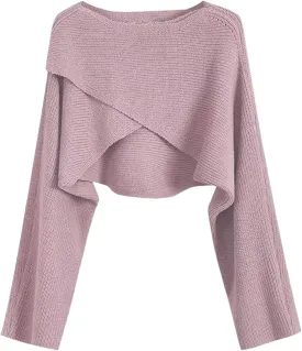 Joe Wenko Women's Boat Neck Sweater Long Sleeve Cross Wrap Asymmetrical Hem Cropped Pullover Jumper Tops