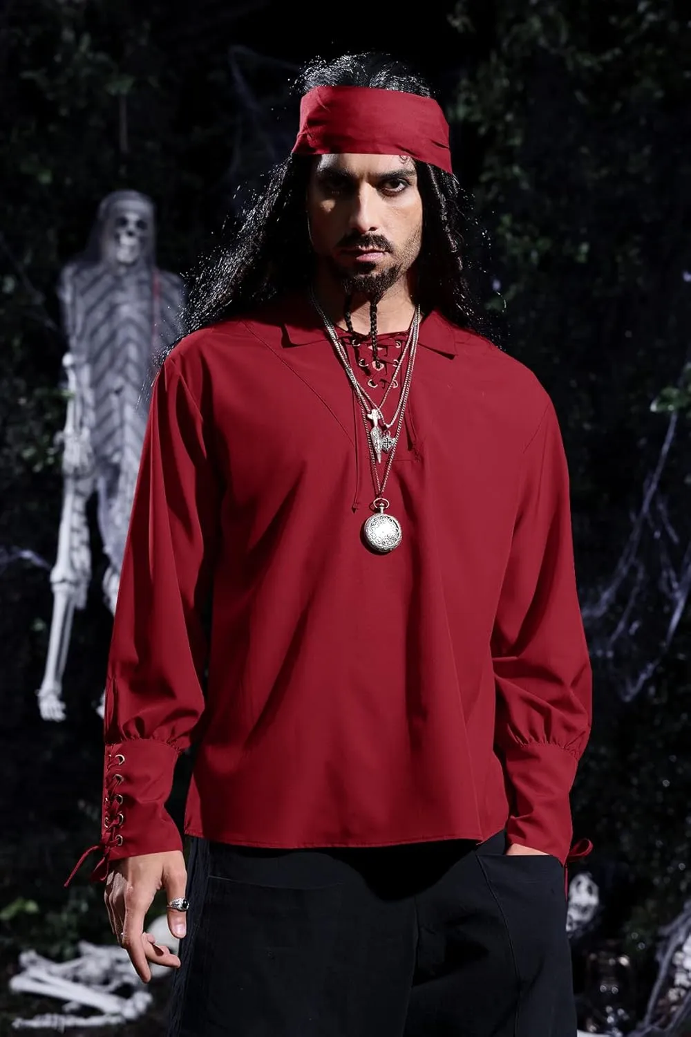 Karlywindow Mens Medieval Pirate Shirts Lace Up Scottish Mercenary Halloween Costume Shirt Tops