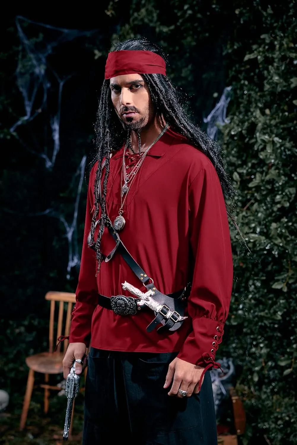 Karlywindow Mens Medieval Pirate Shirts Lace Up Scottish Mercenary Halloween Costume Shirt Tops