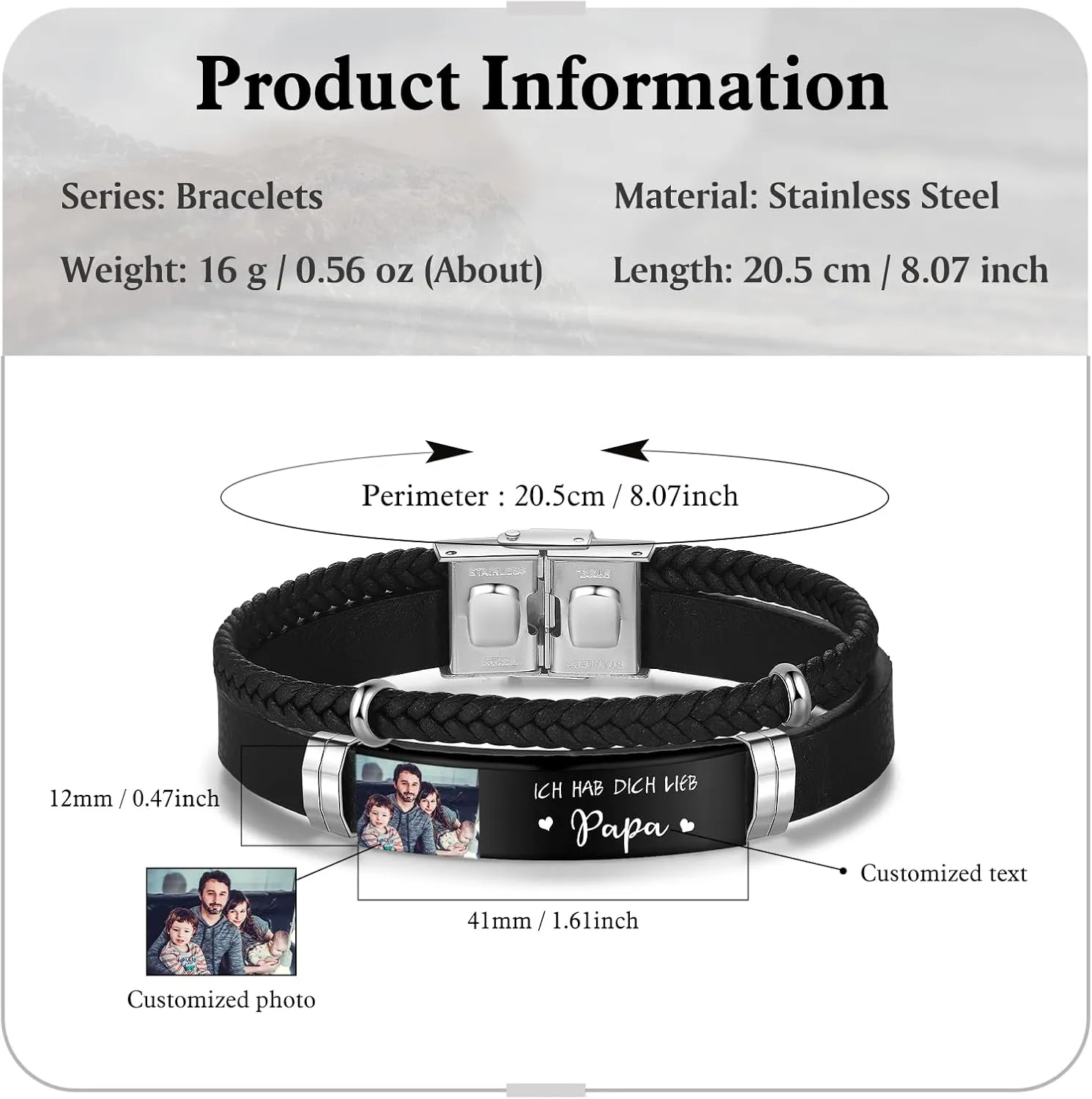 kaululu Personalized Photo Bracelet Custom Picture Text Father's Day Braided Bangle Gifts from Daughter Son Wife for Men Dad Husband