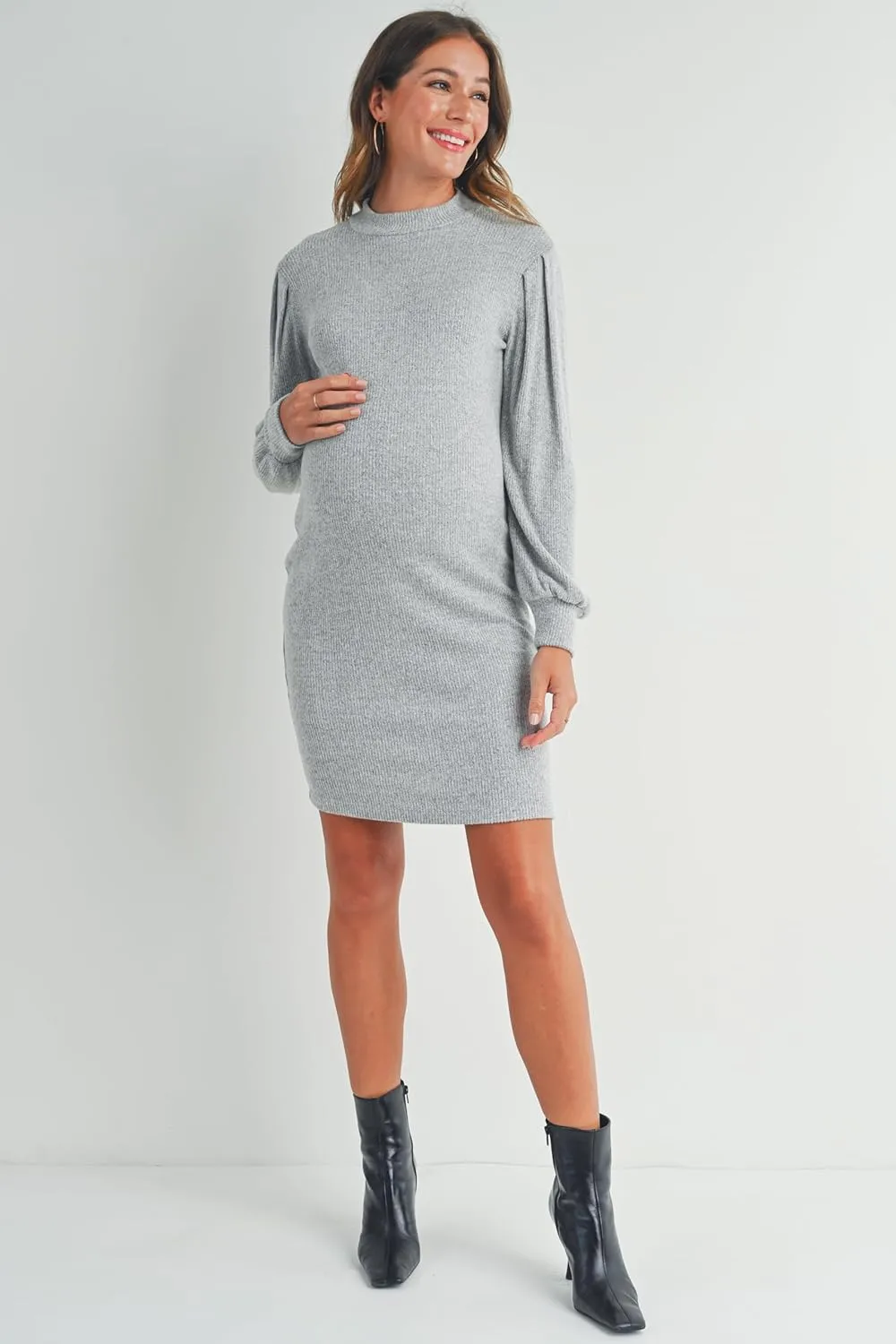 LaClef Womens Long Puff Sleeve Ribbed Knit Maternity Sweater Dress