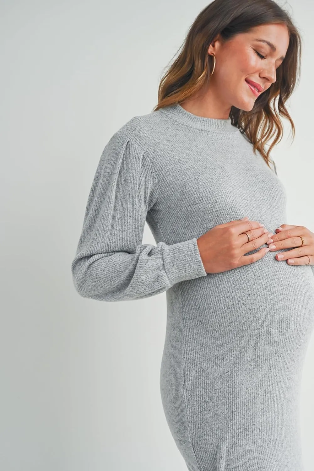 LaClef Womens Long Puff Sleeve Ribbed Knit Maternity Sweater Dress