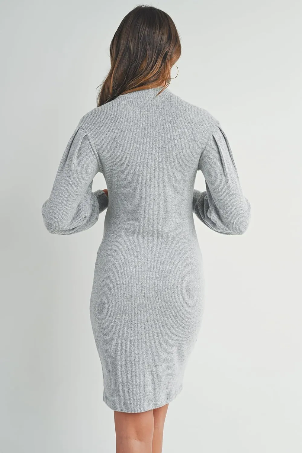 LaClef Womens Long Puff Sleeve Ribbed Knit Maternity Sweater Dress