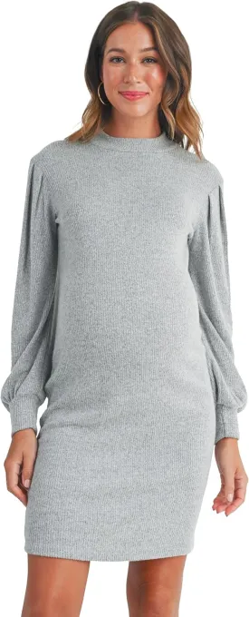 LaClef Womens Long Puff Sleeve Ribbed Knit Maternity Sweater Dress