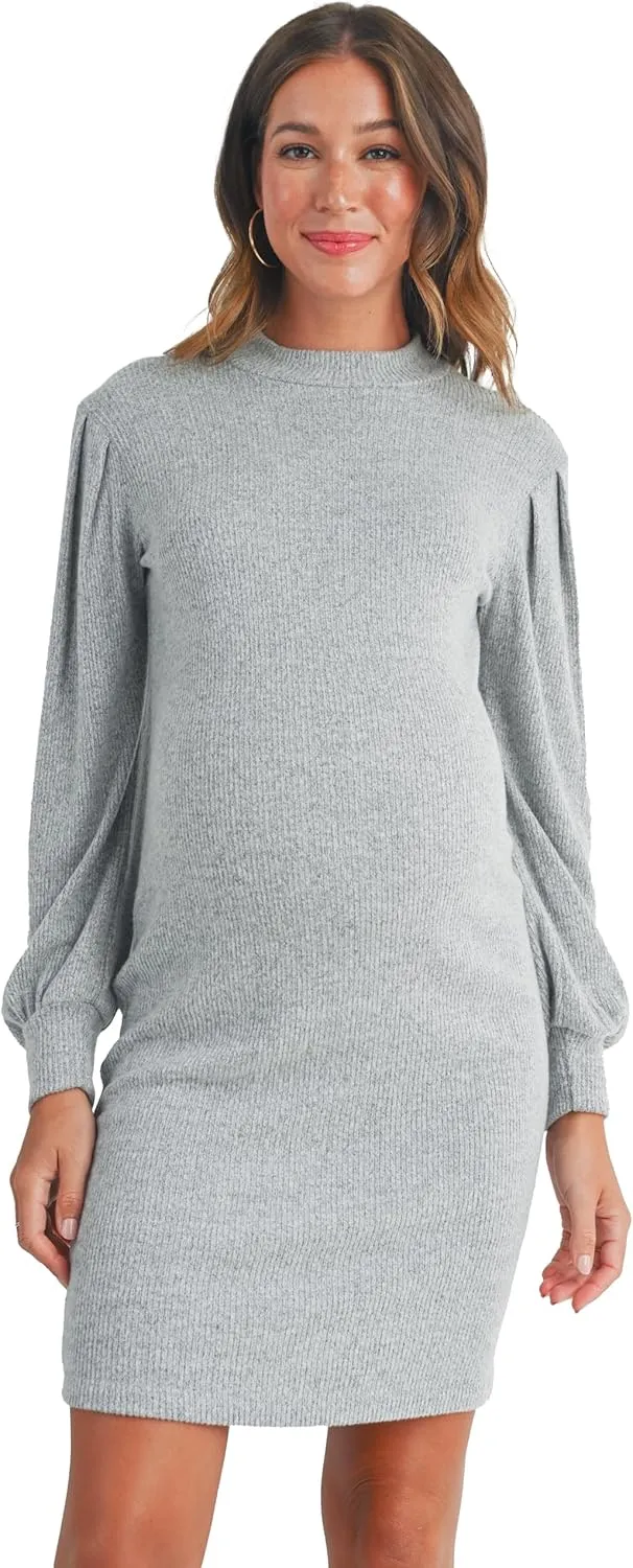 LaClef Womens Long Puff Sleeve Ribbed Knit Maternity Sweater Dress
