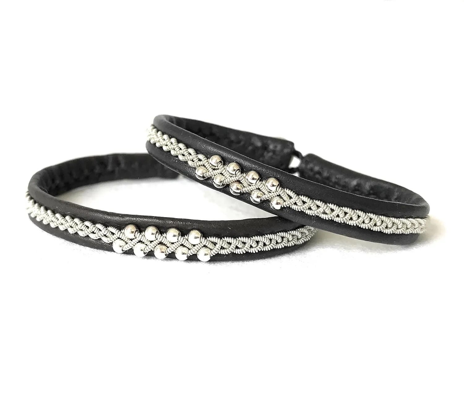 Lapland Sami Handmade Bracelet In Reindeer Leather And Braided Silver/Pewter Thread With 9 Small Sterling Silver Beads, Traditional Bracelet Made To Order, Reindeer Antlers Button.