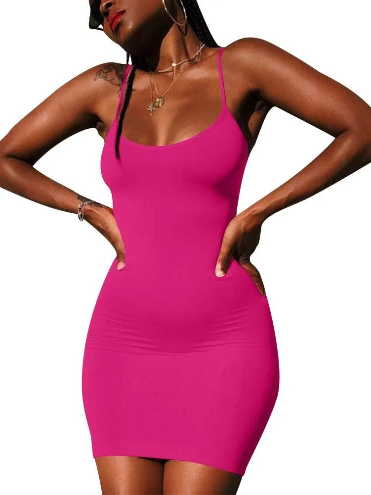 LCNBA Sexy Spaghetti Strap Tank Dress Basic Backless Bodycon Club Party Mini Dress