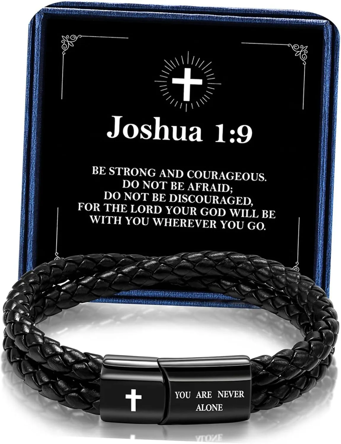 Leather Cross Bracelet for Men Christian Bible Verse Black Stainless Steel Bracelet, Inspirational Birthday Christian Graduation Gifts Ideas for Soulmate Boyfriend Man Dad Husband Grandson Son