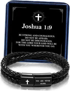 Leather Cross Bracelet for Men Christian Bible Verse Black Stainless Steel Bracelet, Inspirational Birthday Christian Graduation Gifts Ideas for Soulmate Boyfriend Man Dad Husband Grandson Son