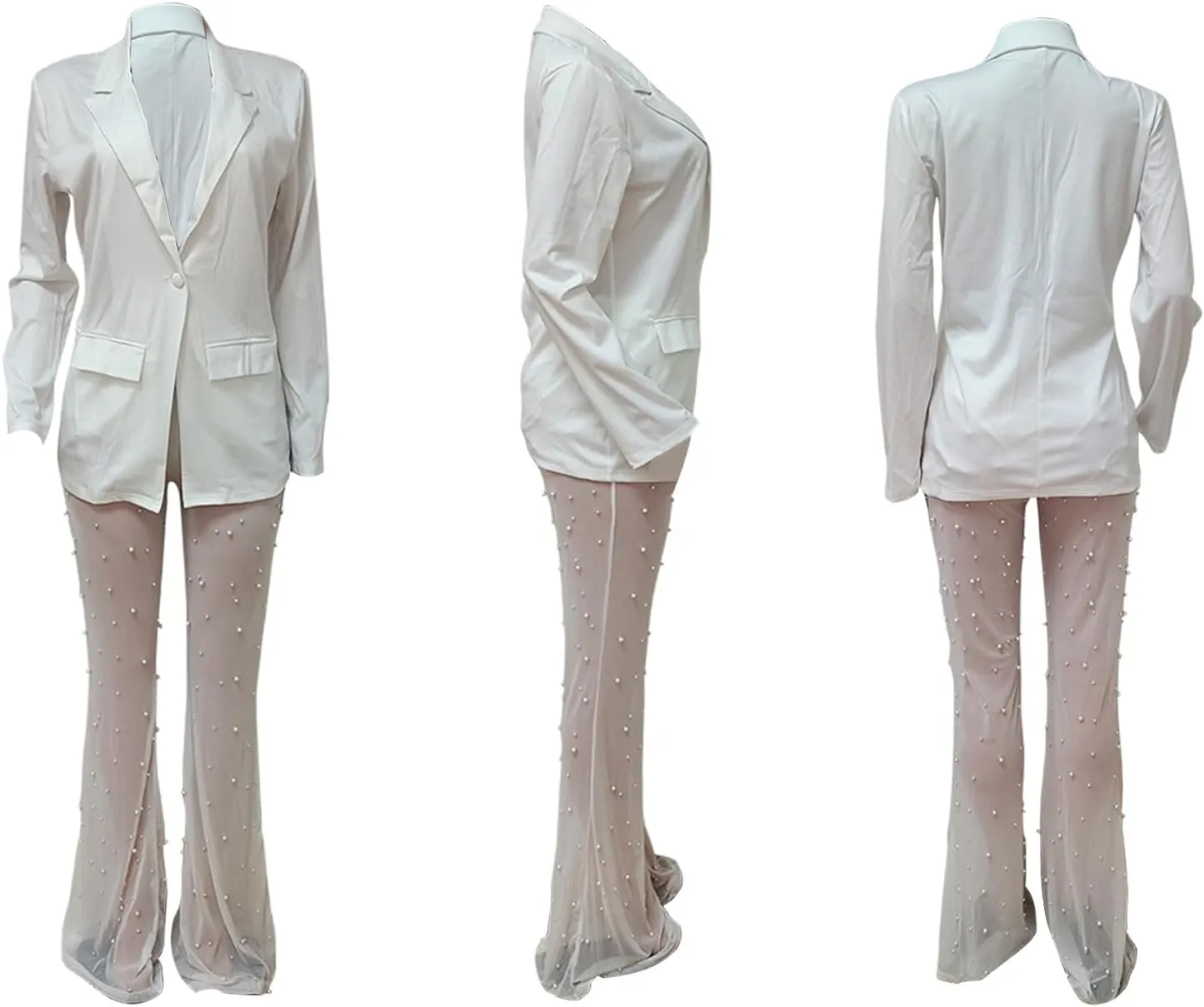 LKOUS Sexy Blazer Suits for Women,Long Sleeve Blazer and Mesh Beading Pants Clubwear Set with Underwear