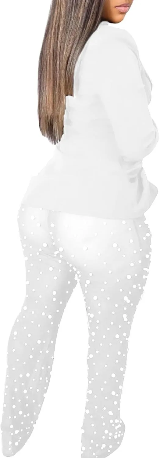 LKOUS Sexy Blazer Suits for Women,Long Sleeve Blazer and Mesh Beading Pants Clubwear Set with Underwear