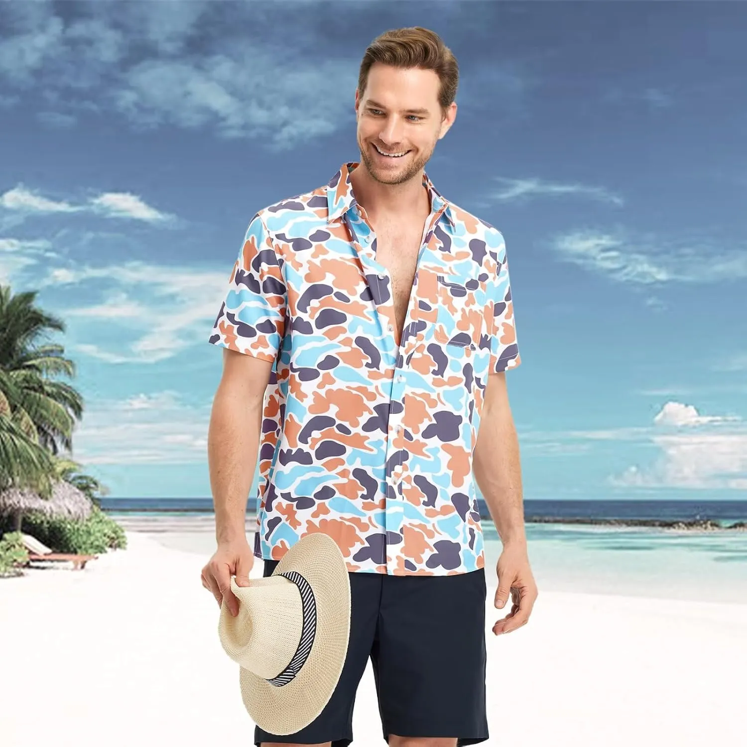 M MAELREG Mens Hawaiian Shirts Short Sleeve Button Down Tropical Beach Floral Solid Print Summer Vacation Mens Casual Shirts