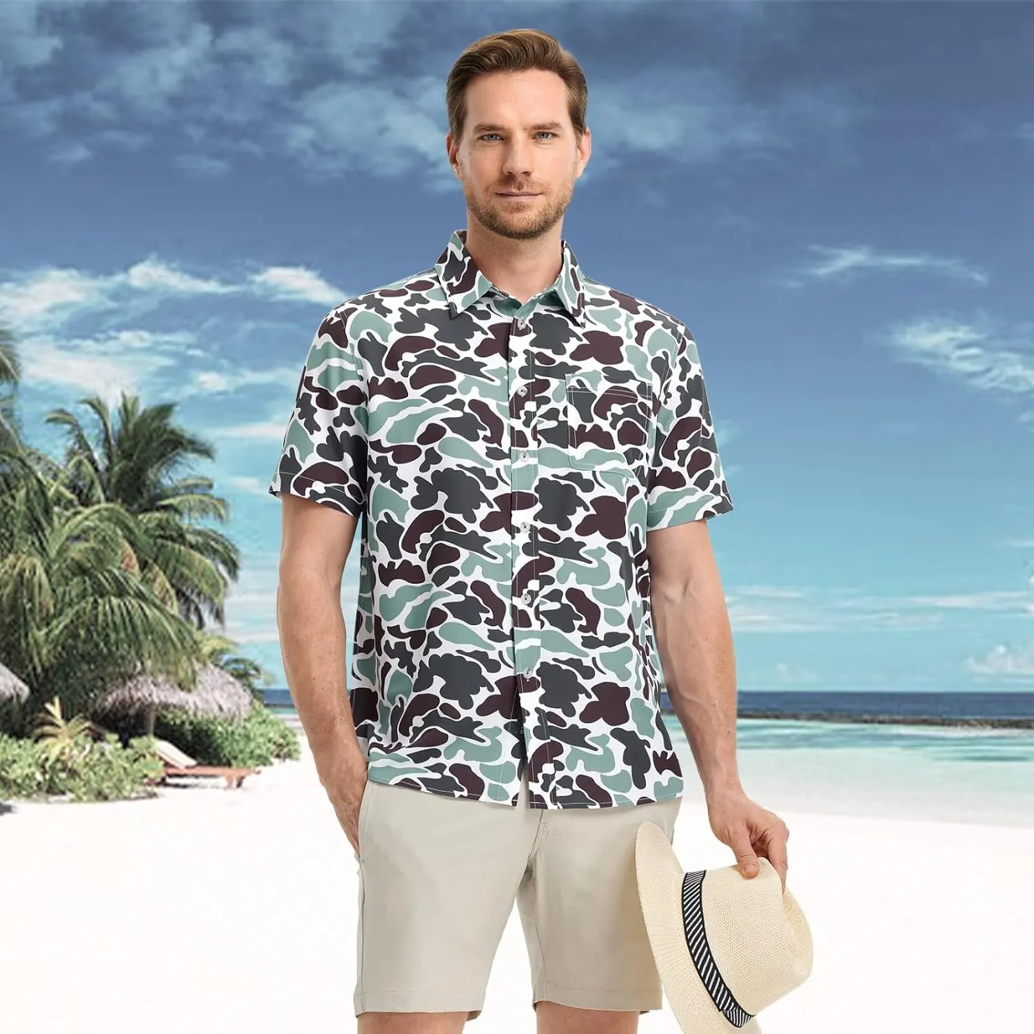M MAELREG Mens Hawaiian Shirts Short Sleeve Button Down Tropical Beach Floral Solid Print Summer Vacation Mens Casual Shirts