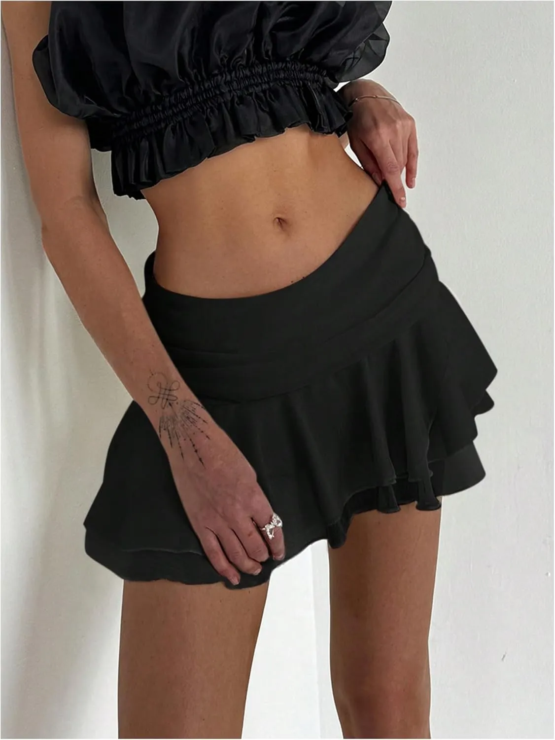 MakeMeChic Women's Tiered Layer Ruched Mesh Sheer Flared Ruffle Hem Summer Y2K Mini Skirts