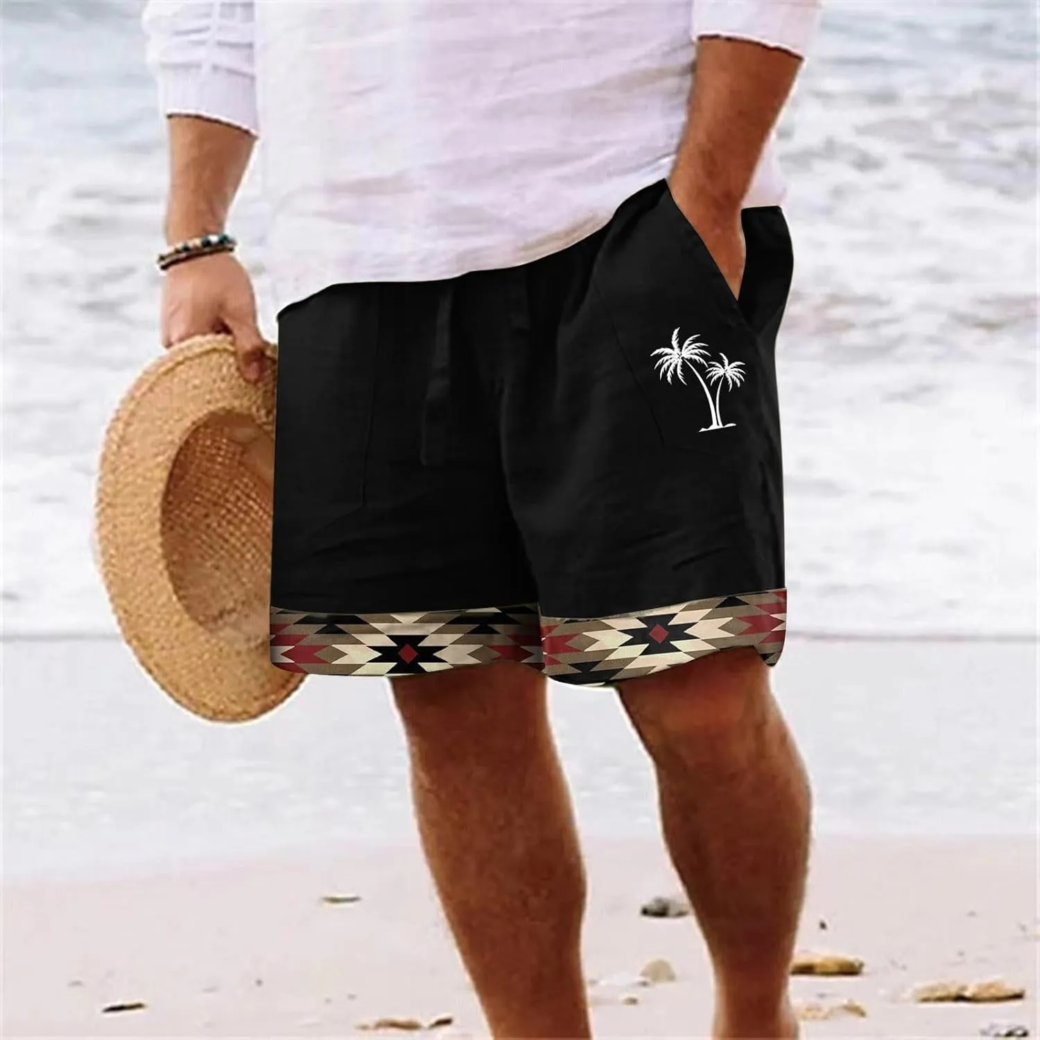 Muscularfit Men's Summer Casual Cotton Linen Shorts with Drawstring Elastic Waist, Beach Shorts with Pockets, Outdoor Fashion
