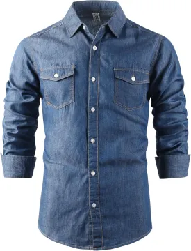 OCHENTA Men's Denim Button Down Shirts Casual Chambray Long Sleeve Lightweight Tops