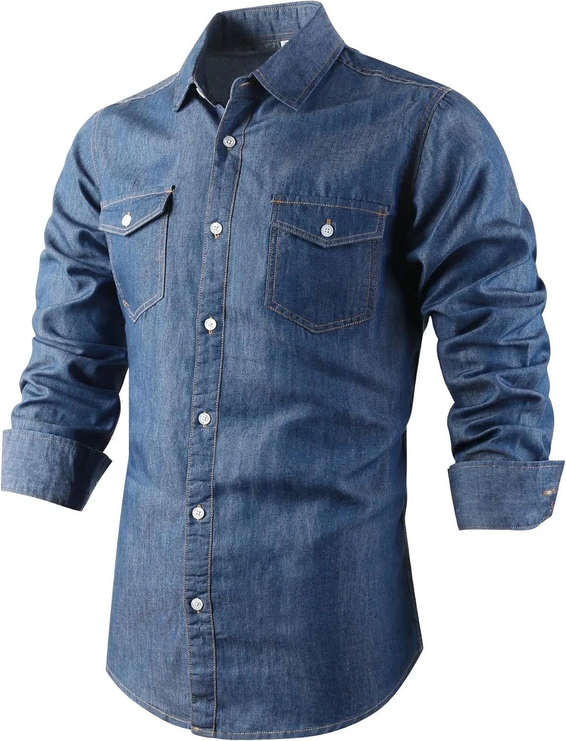 OCHENTA Men's Denim Button Down Shirts Casual Chambray Long Sleeve Lightweight Tops