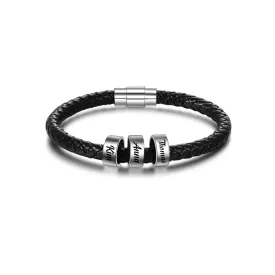 Personalized Men Bracelet With Beads - Dad Leather Bracelet - Father's Day Gift - Family Name Bracelet - Husband Gift - Bead Bracelet With Names- 1RP