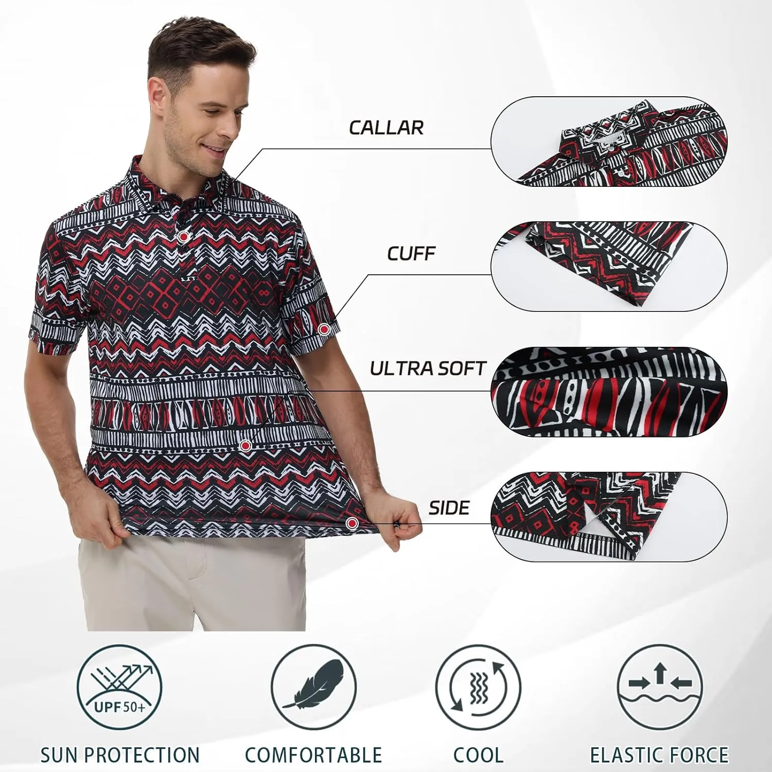 TIHEEN Mens Performance Moisture Wicking Golf Polo Shirt,Mens Business Casual Printed Short Sleeve Polo Shirts