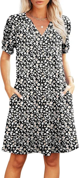 V-Neck Summer Casual Sundress for Women- Puff Short Sleeve Swing Beach Dress with Pockets